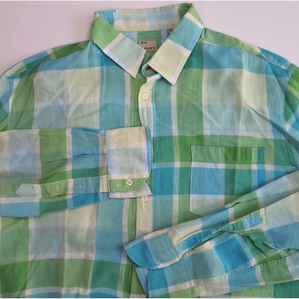 Masons Shirt Mens XL Plaid Long Sleeve Button Down Italian Green Blue Check