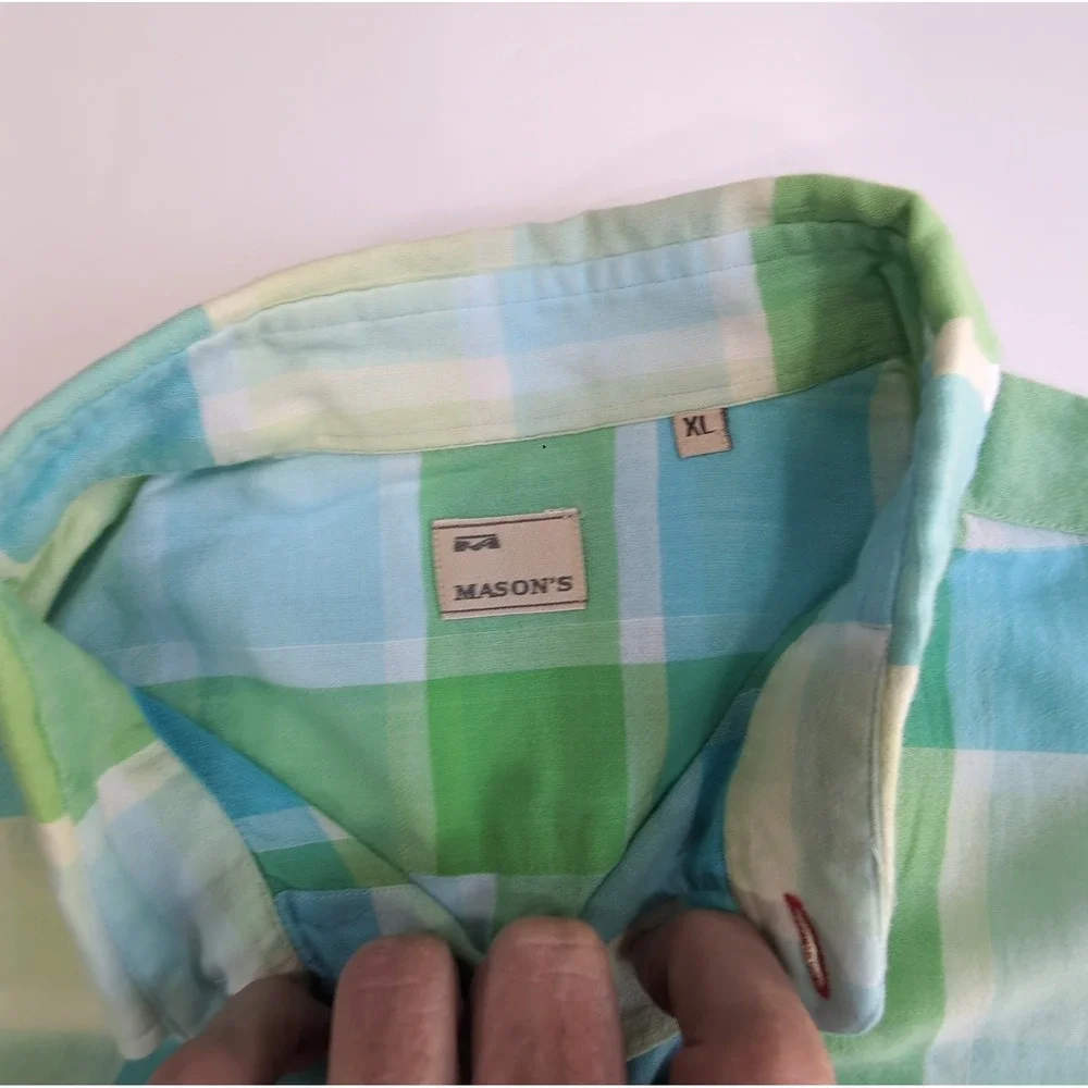 Masons Shirt Mens XL Plaid Long Sleeve Button Down Italian Green Blue Check