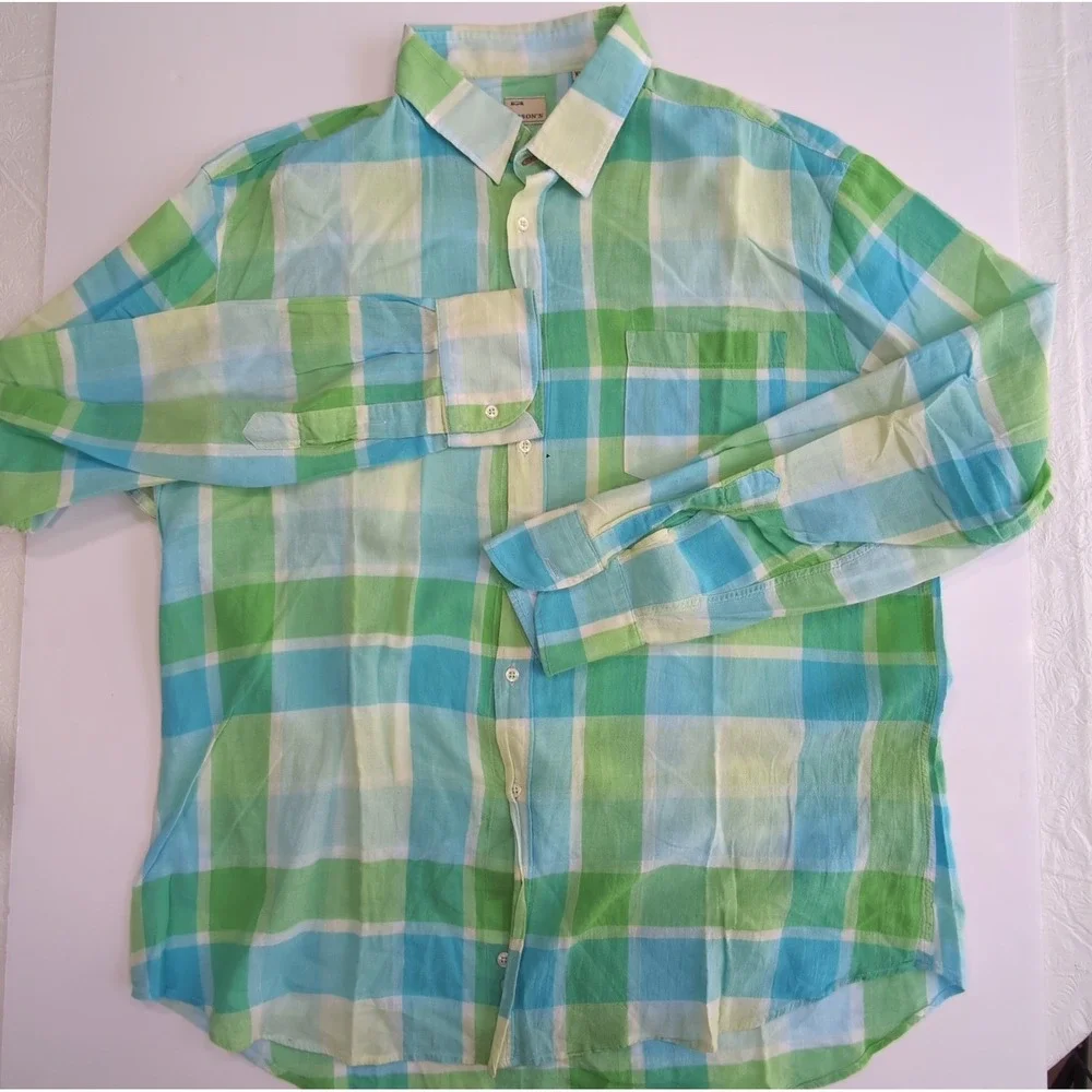 Masons Shirt Mens XL Plaid Long Sleeve Button Down Italian Green Blue Check