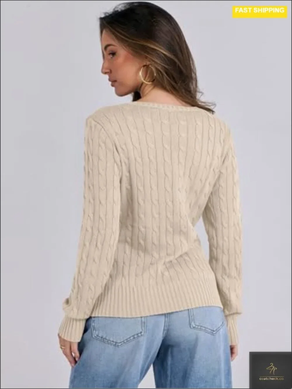 Women's Cable Knit V Neck Fitted Sweater Long Sleeve Pullover Top Soft Cozy