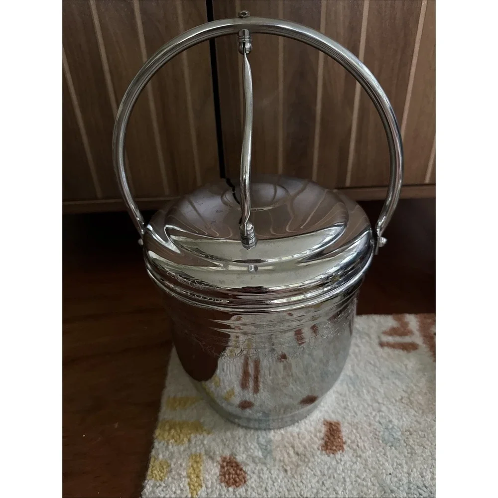 Vintage United Insulated Ice Bucket Chromium On Solid Brass with Glass Insert