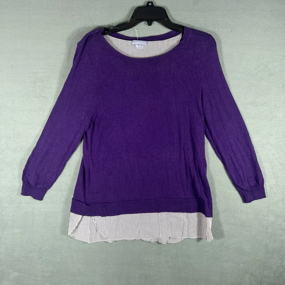 Laura Scott Women's Purple Striped Layered Pullover Sweater Top Size M