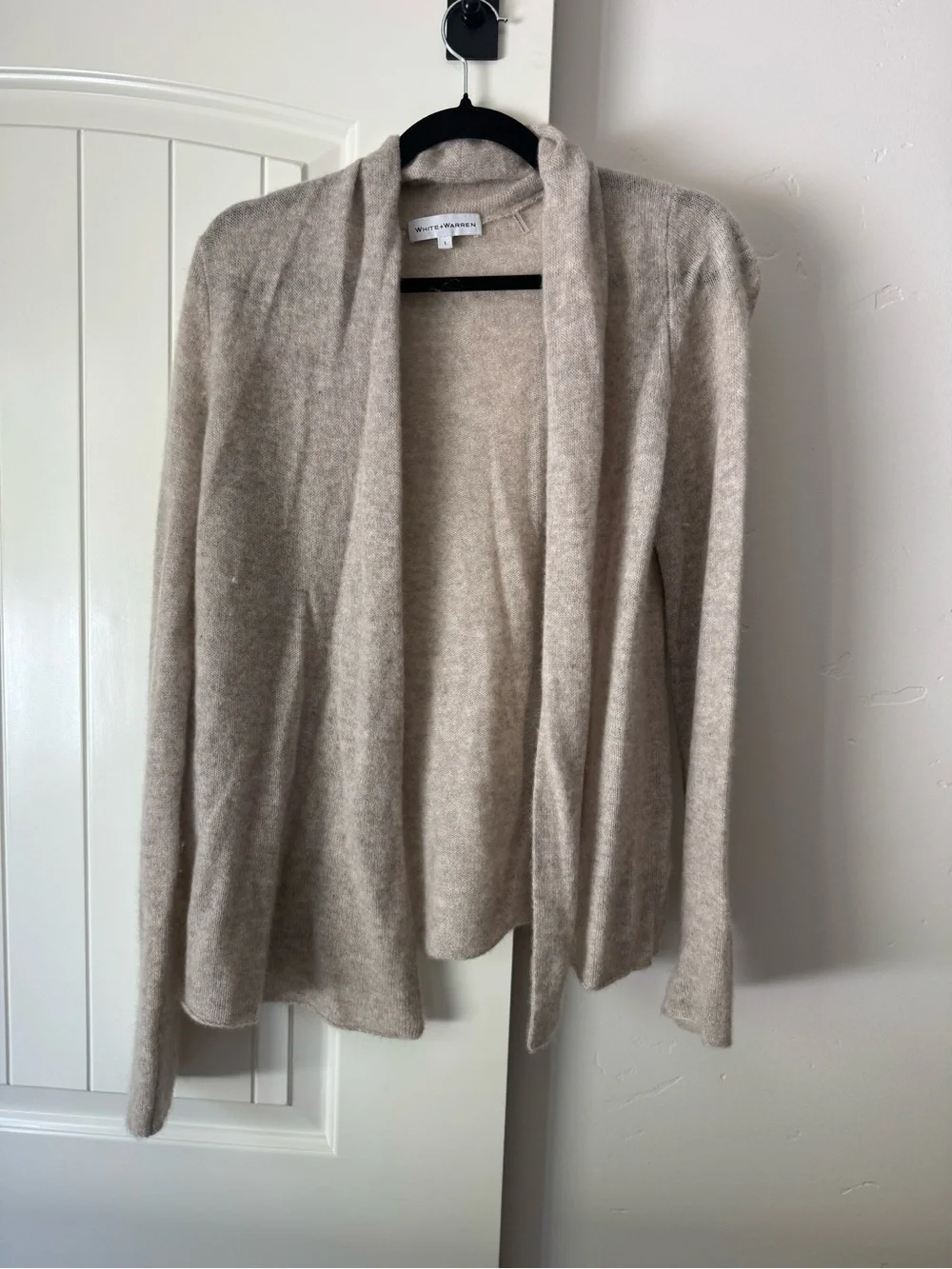 White + Warren Beige Open-Front Cashmere Blend Cardigan