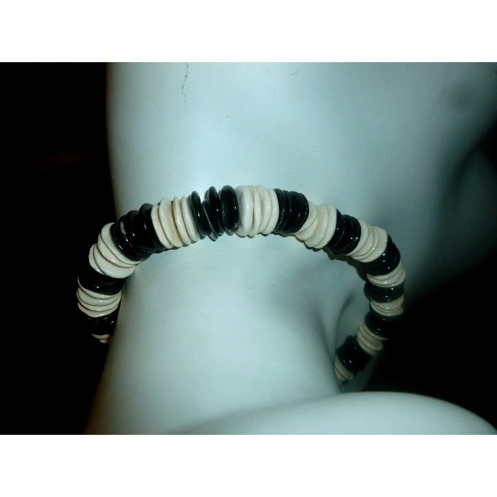Vtg Artisan Ceramic Disc Bead Necklace‎ Black White Glazed Pottery Boho Choker