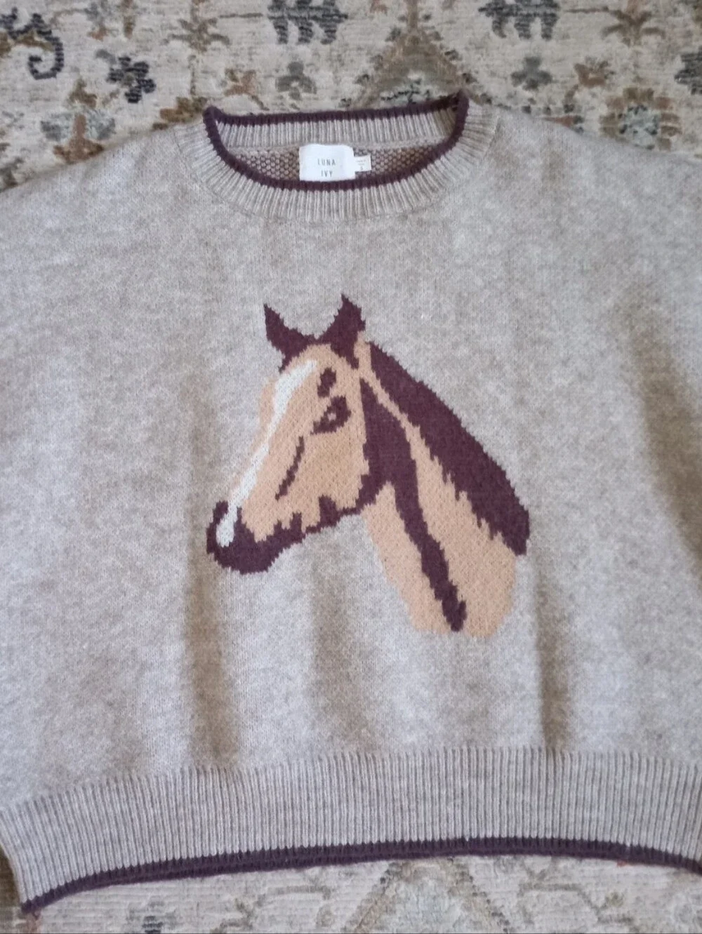 Luna Ivy taupe horse print cropped sweater with subtle ribbed trim