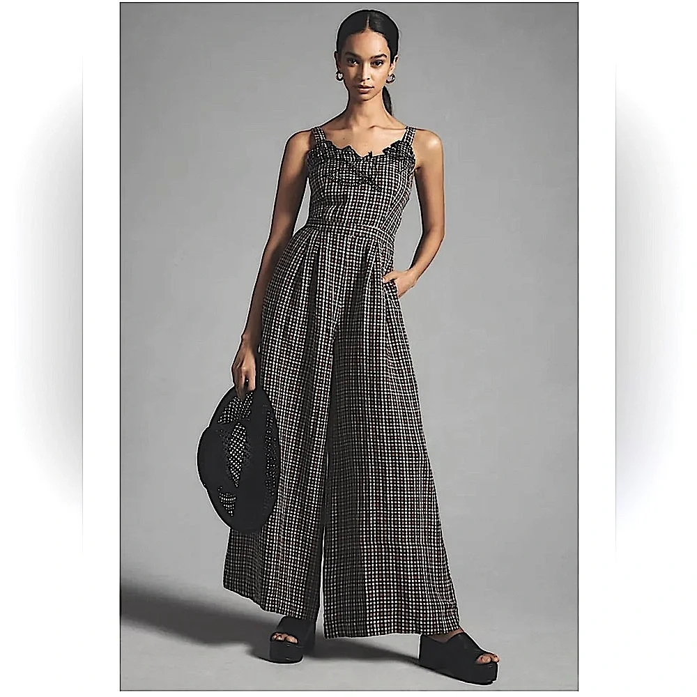 Anthropologie Women’s Embroidered Plaid Pleated Wide Leg Flowy Jumpsuit 4