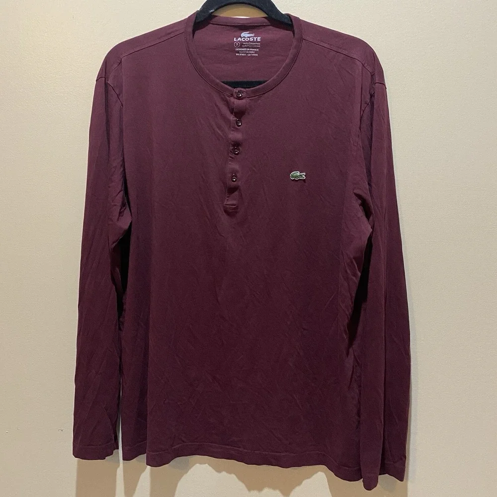 Lacoste Pima Cotton 4 Button Crew Neck Long Sleeve Tshirt Men‎ 7 Burgundy