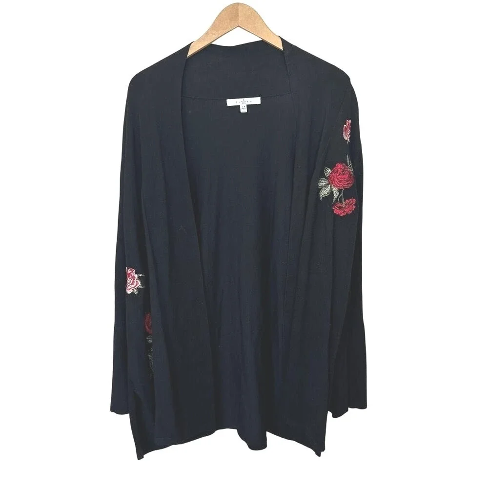 Bohemian Floral Embroidered Roses Open Cardigan Size 2X Black Bell Sleeves Fever