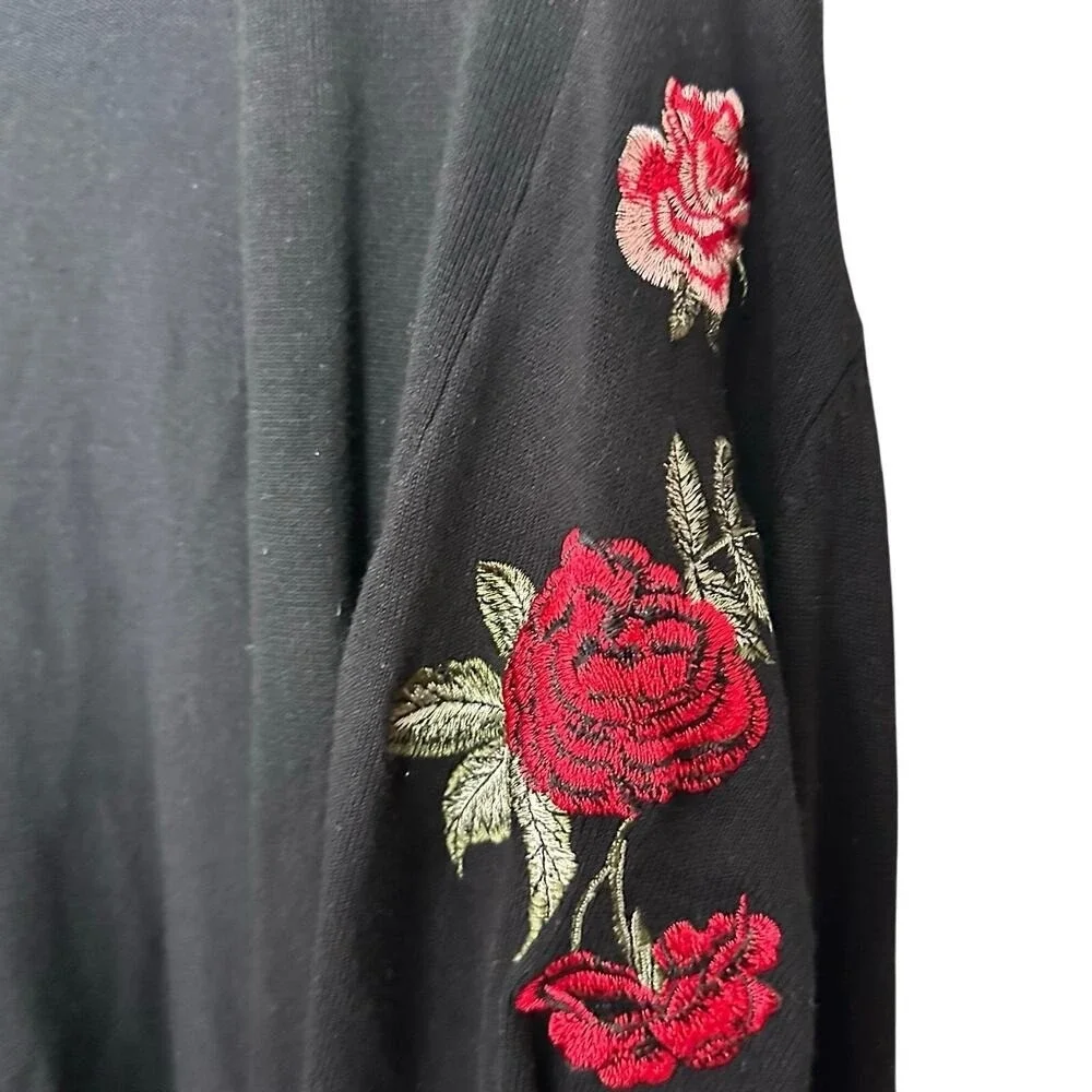 Bohemian Floral Embroidered Roses Open Cardigan Size 2X Black Bell Sleeves Fever