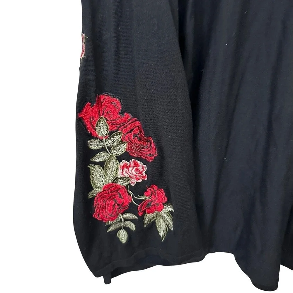 Bohemian Floral Embroidered Roses Open Cardigan Size 2X Black Bell Sleeves Fever