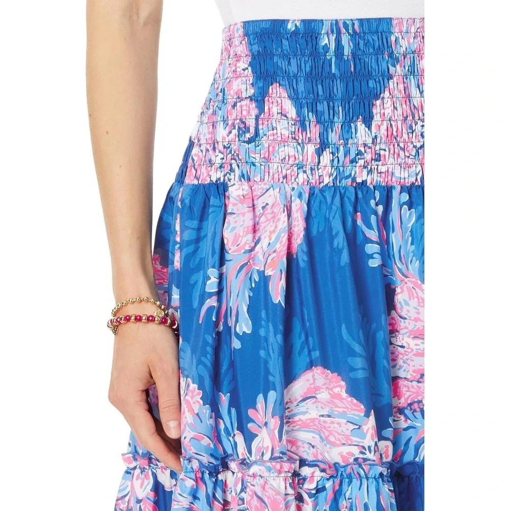 Lilly Pulitzer Deavan Pull-on Tiered Midi Skirt For The Fans Pink Blue Beachy S