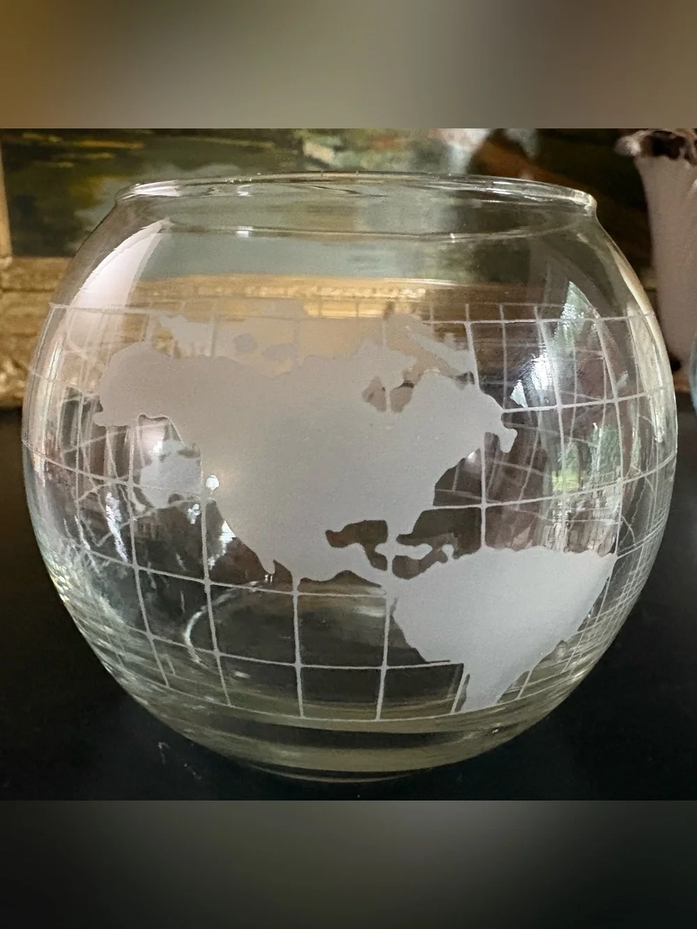 VTG Etched Glass World Globe Oil Candle Base Set of 2 (No Wicks, No Oil)