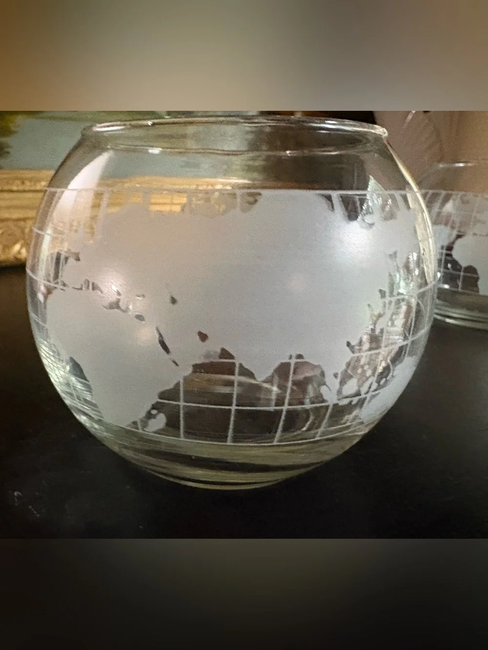 VTG Etched Glass World Globe Oil Candle Base Set of 2 (No Wicks, No Oil)