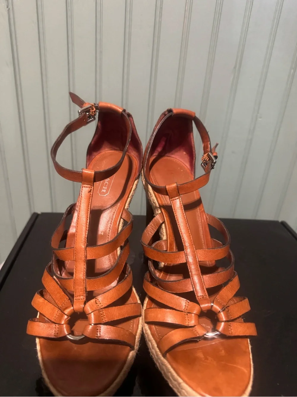 Coach Brown Leather T-Strap Espadrille Wedge Sandals