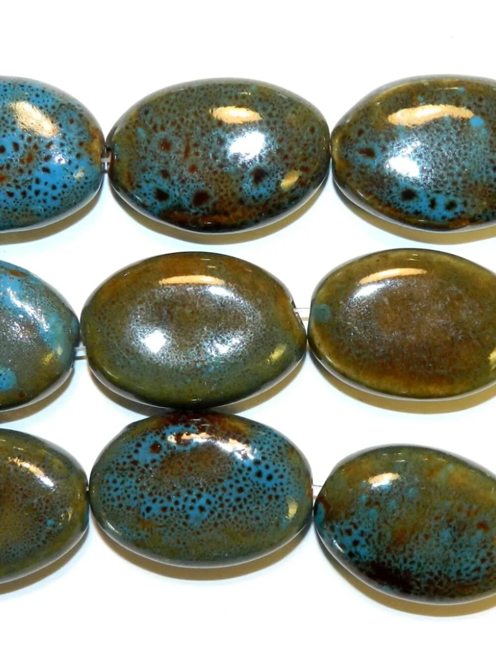 Dark Aqua Blue & Honey Brown 34mm Flat Puffed Oval Porcelain Beads 8
