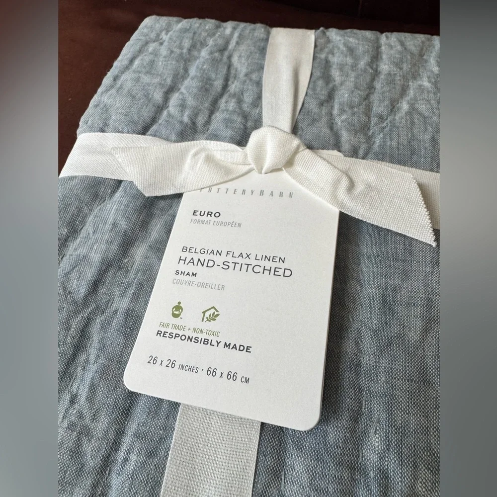 NEW Pottery Barn Belgian Flax Linen Euro Sham Hand-Stitched Chambray Blue NWT