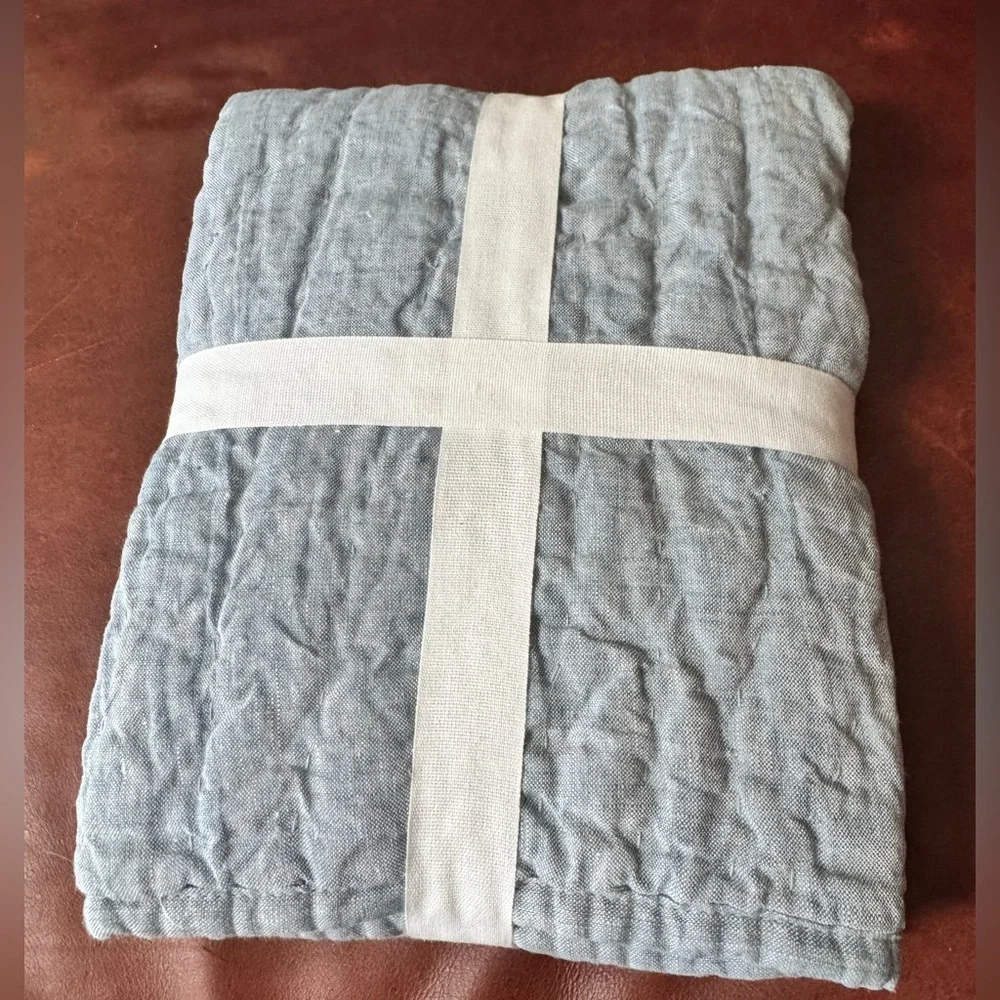NEW Pottery Barn Belgian Flax Linen Euro Sham Hand-Stitched Chambray Blue NWT