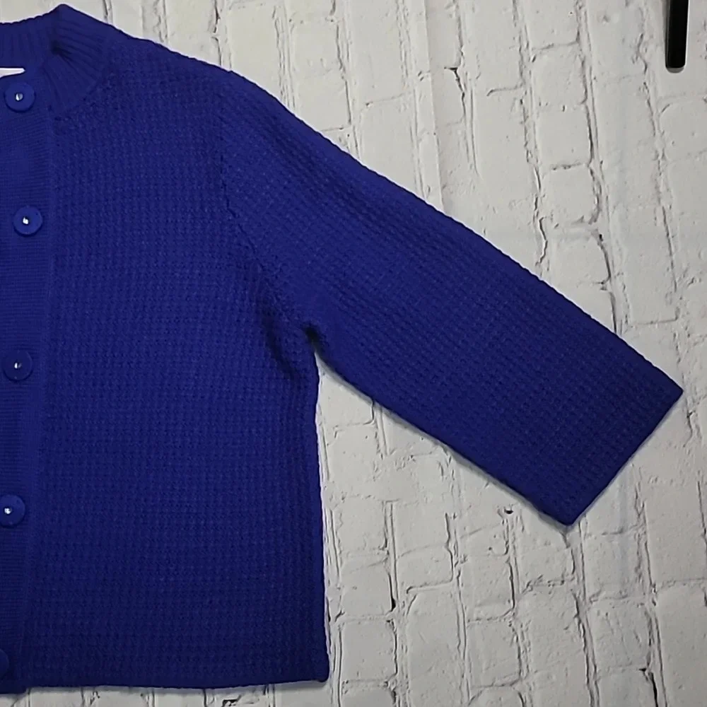 Chico's Woolen 3/4 Sleeve Royal Blue Wool Blend  Granny Cardigan Sweater