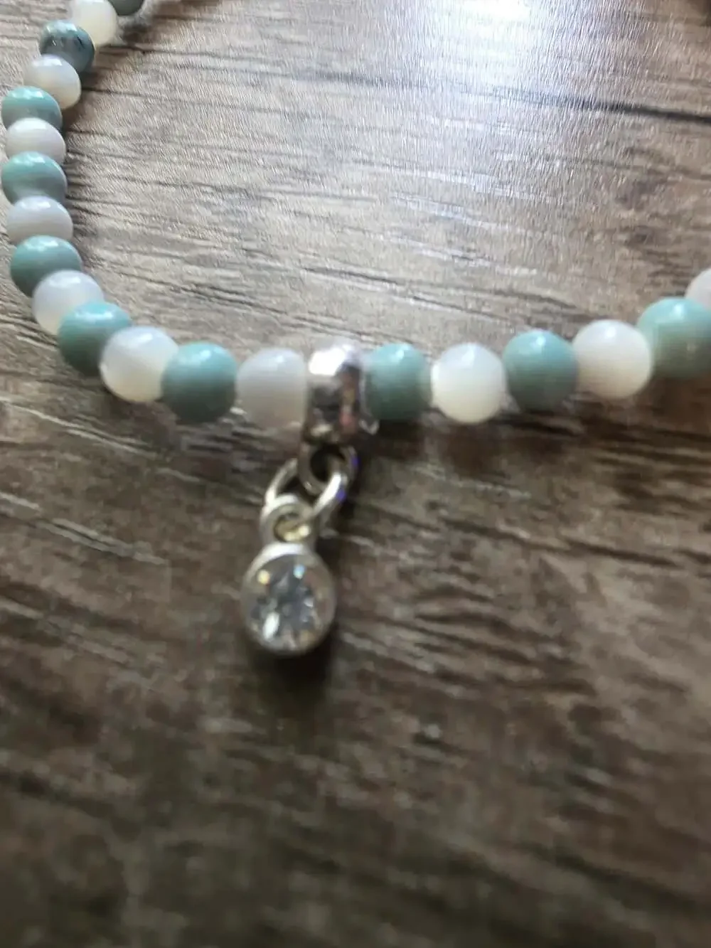 Amazonite and White Quartz Beaded Stretch Bracelet with Rhinestone Charm