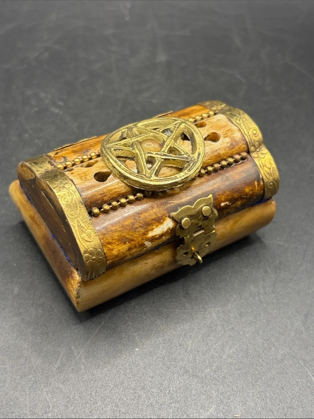 Vintage Bone & Brass Pentagram Star Trinket Treasure Box Hinged Jewelry Box