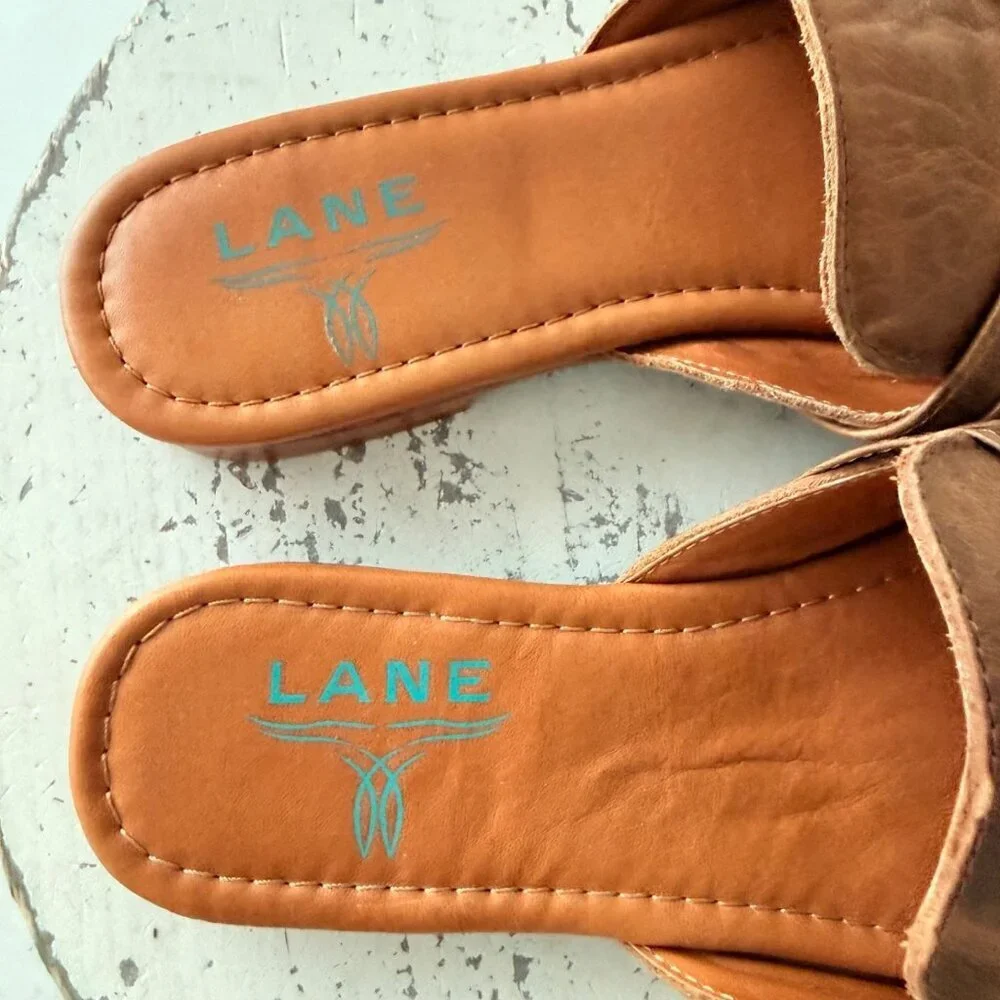 Lane Boots PONY UP Western Sandals Brown Leather Cowgirl Slip on Buckle Flats 6