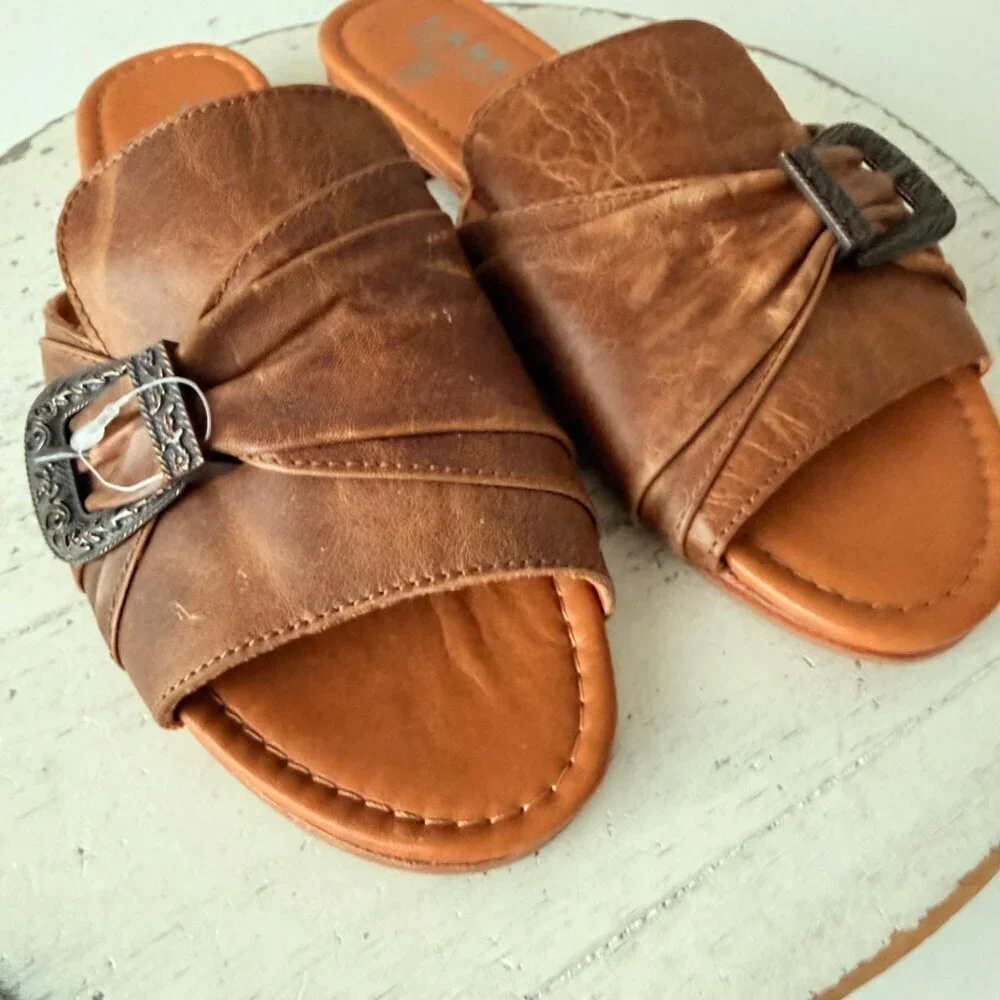 Lane Boots PONY UP Western Sandals Brown Leather Cowgirl Slip on Buckle Flats 6