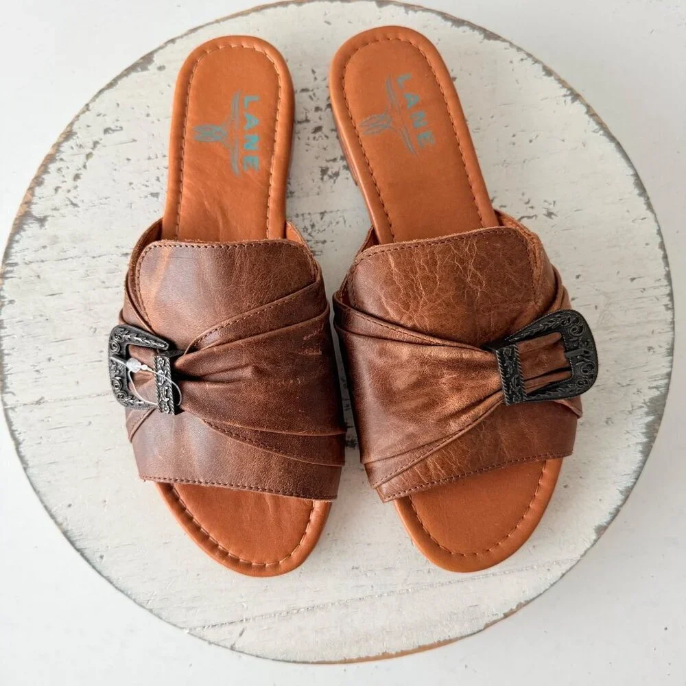 Lane Boots PONY UP Western Sandals Brown Leather Cowgirl Slip on Buckle Flats 6