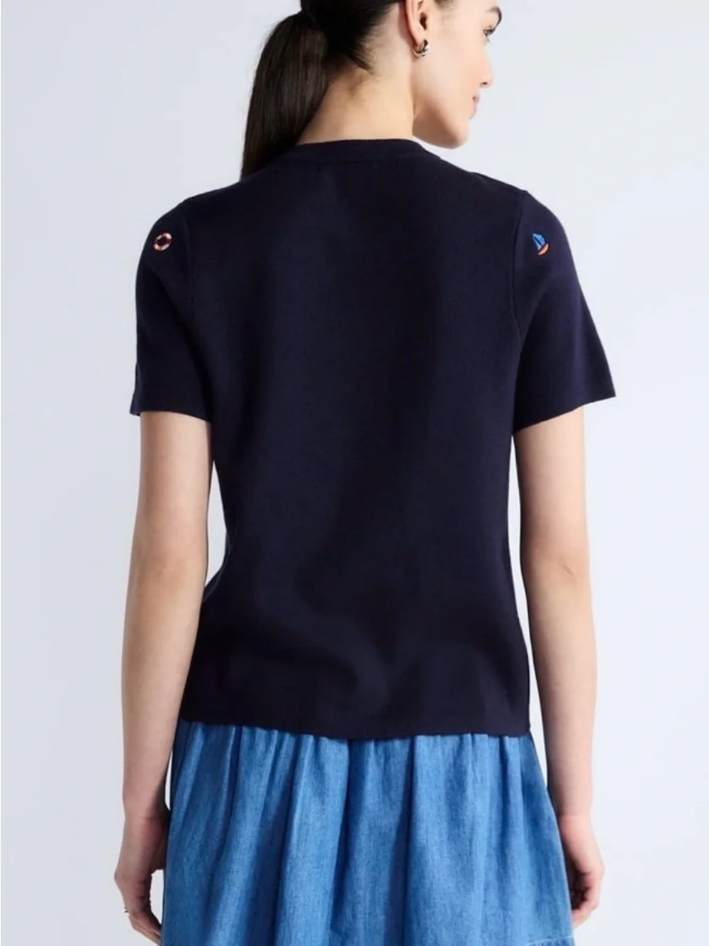 NWT Free Assembly Small Navy Nautical Embroidered Short Sleeve Cardigan Sweater