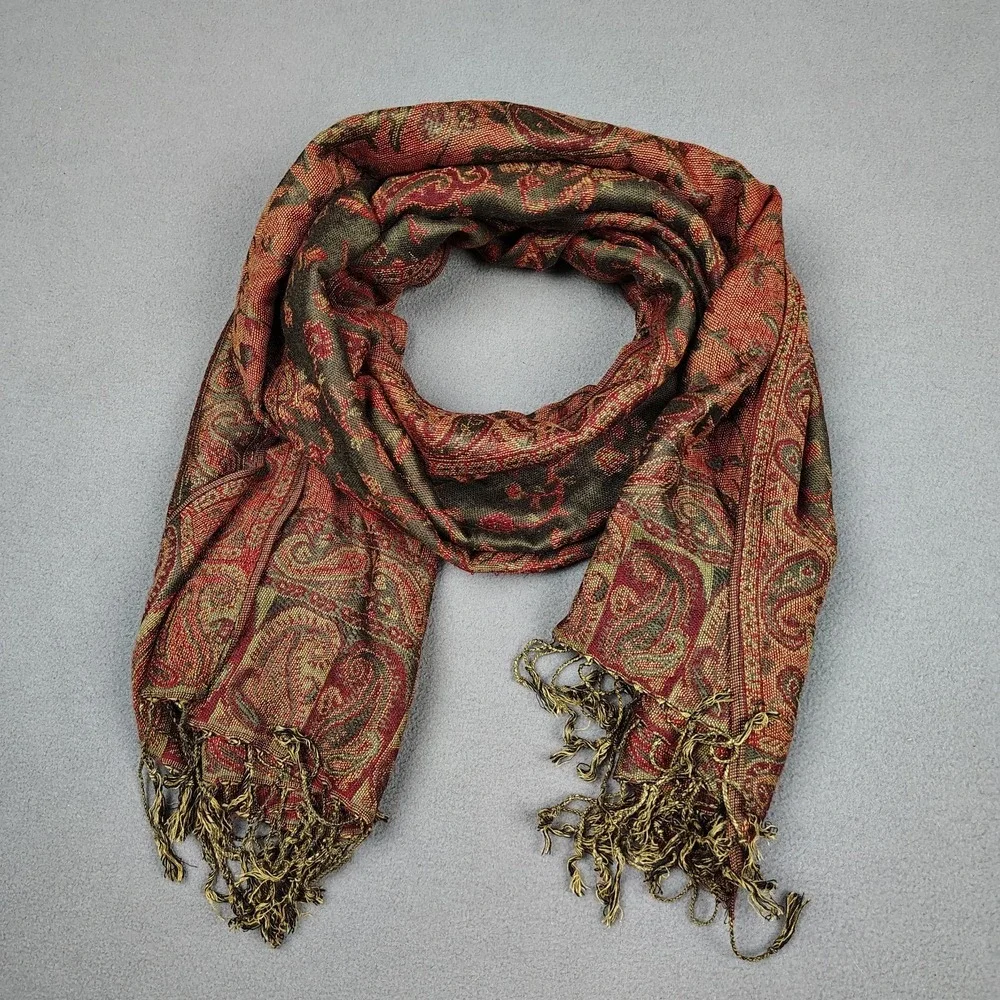 Cashmere Silk Scarf Shawl Paisley Sage Red Fall Vibes Fringe XL 27x72 Pashmina