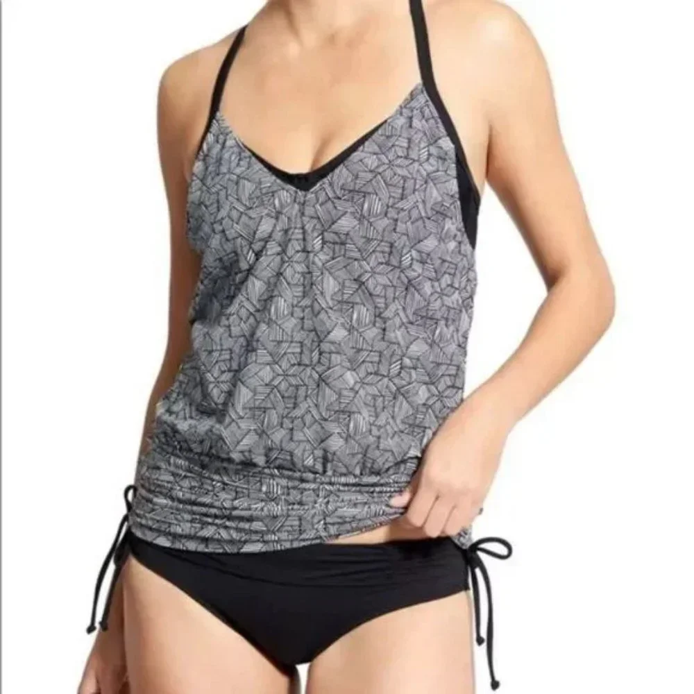 Athleta Laguna Side Scrunch Tankini Top Black & White Size 34D/DD