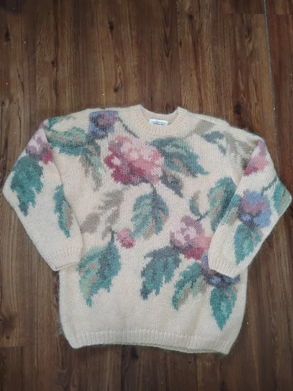 Vintage Talbots Floral AOP Mohair Crewneck Sweater Hand Knit