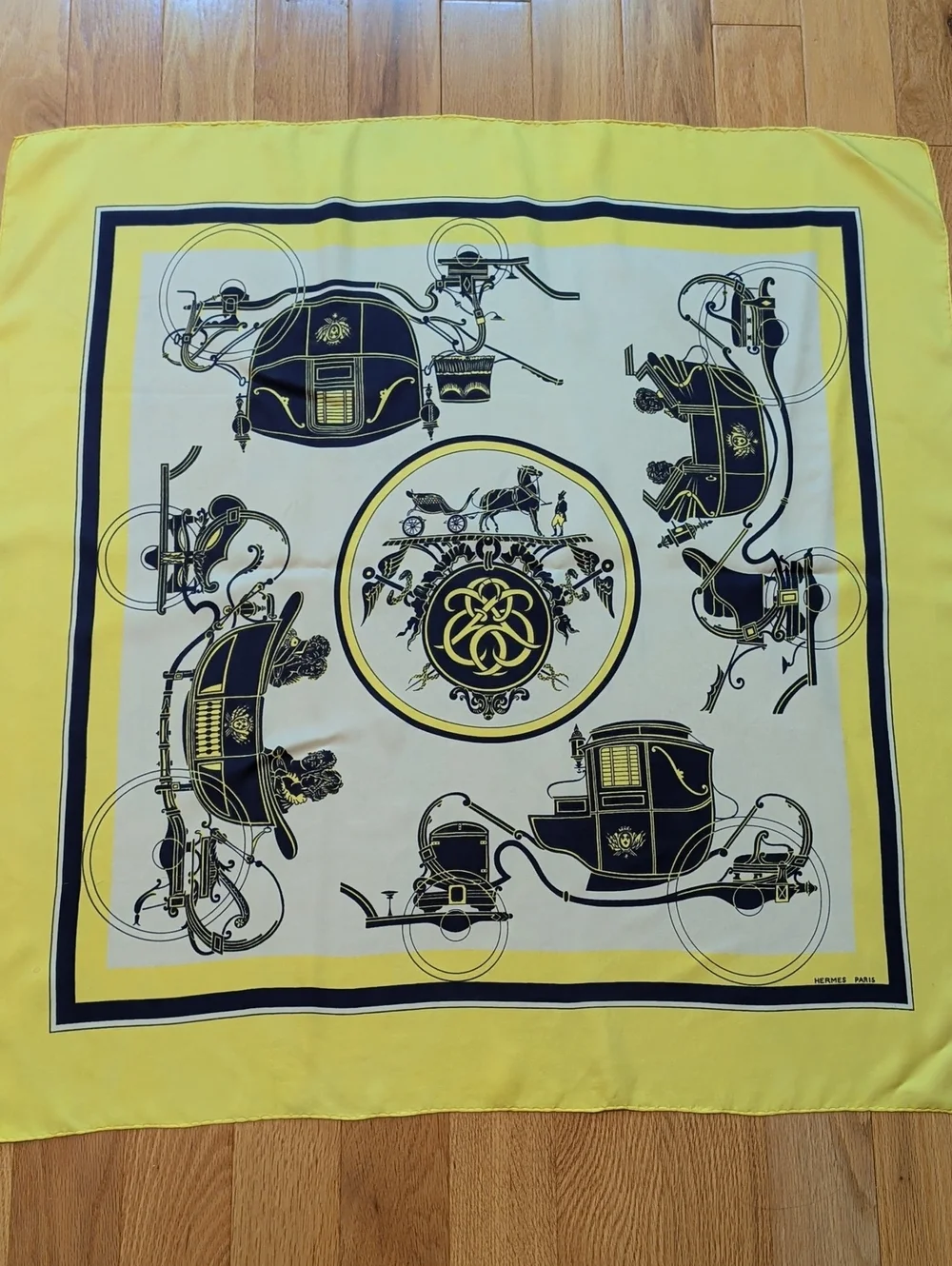 Hermes Yellow and Navy Silk Scarf