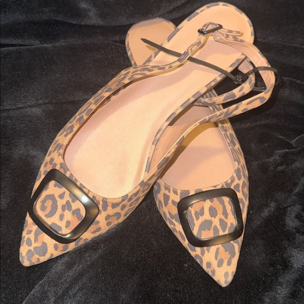 Nordstrom Leopard Print Pointed Slingback Flats with Decorative Metal Buckle
