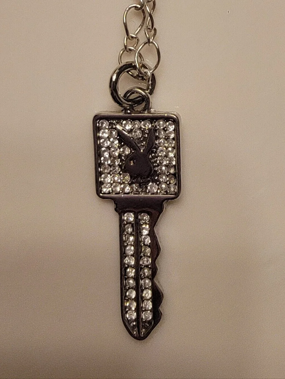 Pave Crystal Playboy Bunny Key Pendant .925 Sterling Necklace