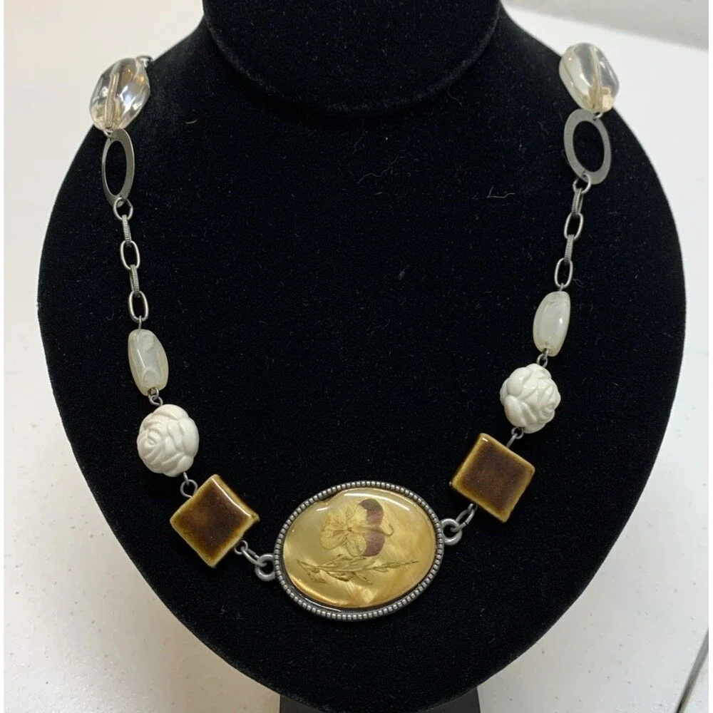 Statement Beaded Necklace Cream White Brown Resin Stone MOP Floral Inlay
