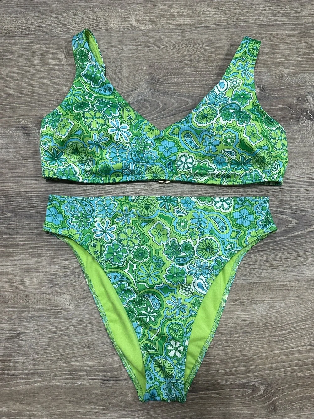 Hollister Swim Green/Blue Retro Floral Cheeky Curvy Bikini Set Large Medium