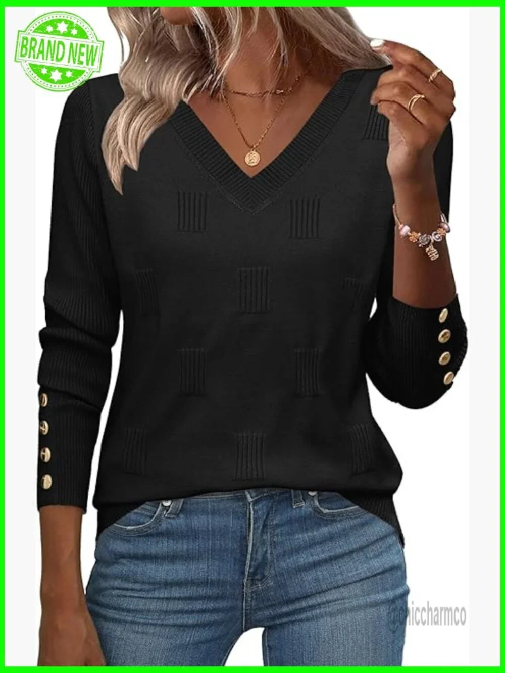 Lightweight Ribbed Knit Pullover Sweater with V-Neck and Button Cuffs