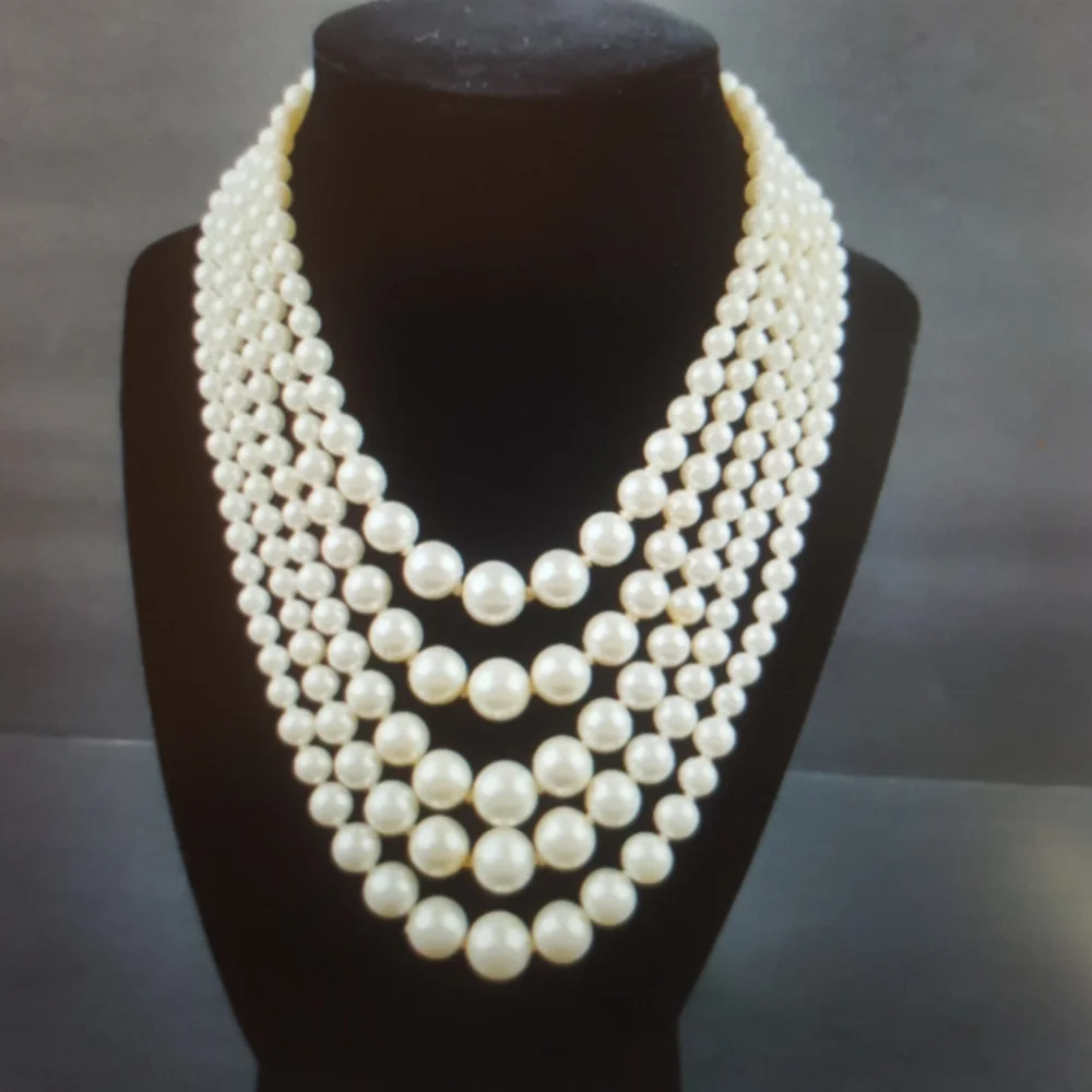 Vintage 5 Strand Hand Knotted Faux Pearl Necklace
