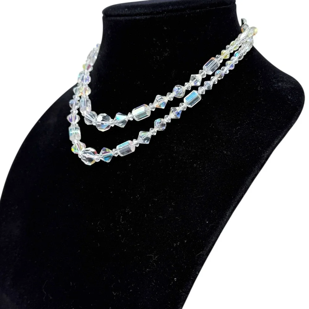Vintage‎ Womens 1950s Aurora Borealis Crystal Necklace 2 Strand Hook Clasp