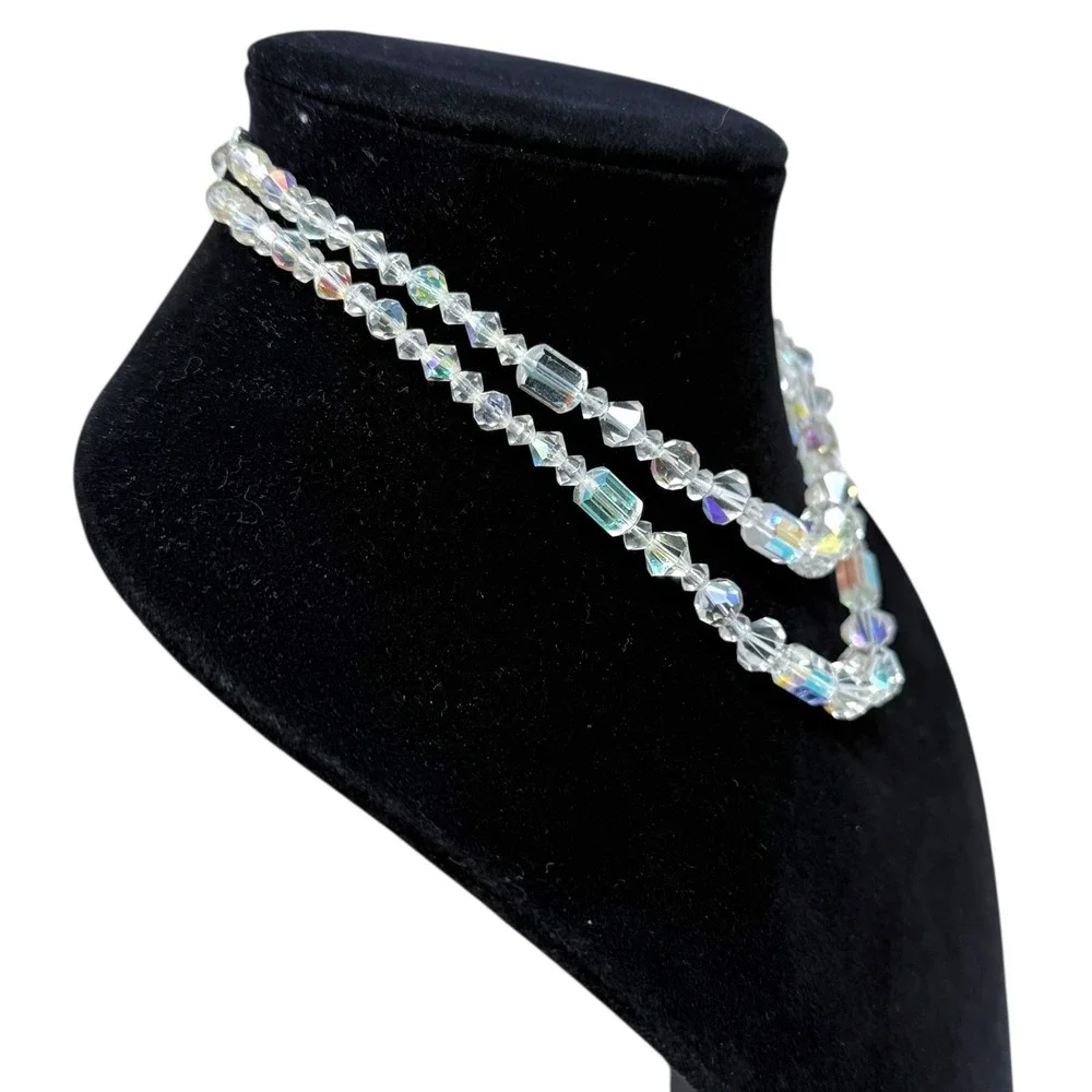 Vintage‎ Womens 1950s Aurora Borealis Crystal Necklace 2 Strand Hook Clasp