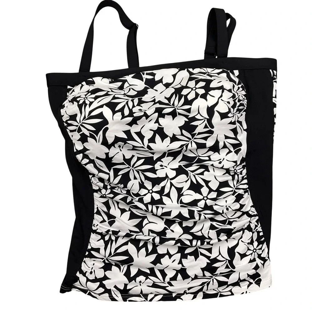 Lands End‎ Tankini Top Womens 16D Black White Hibiscus Bandeau Swim Resort Beach
