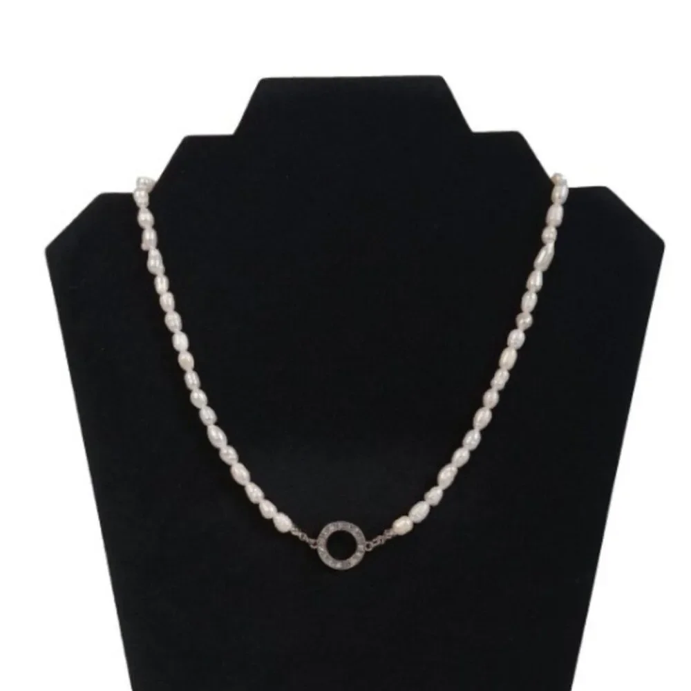 Natural White Pearl Beaded Rhinestone Encrusted Silver Circle Pendant Necklace