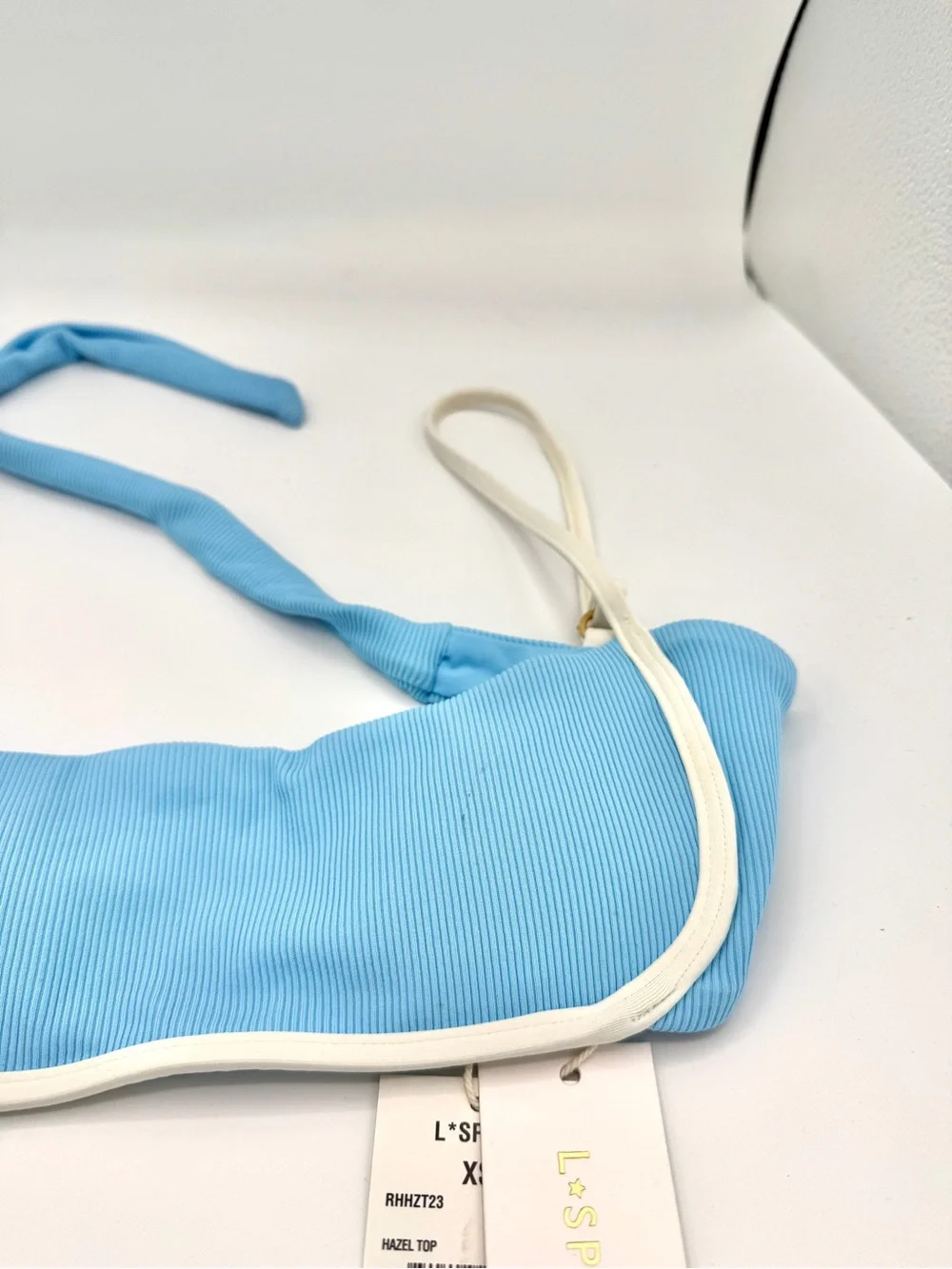 NWT L Space Hazel Swim Top in Seaspray Blue / Cream , Ribbed Bikini