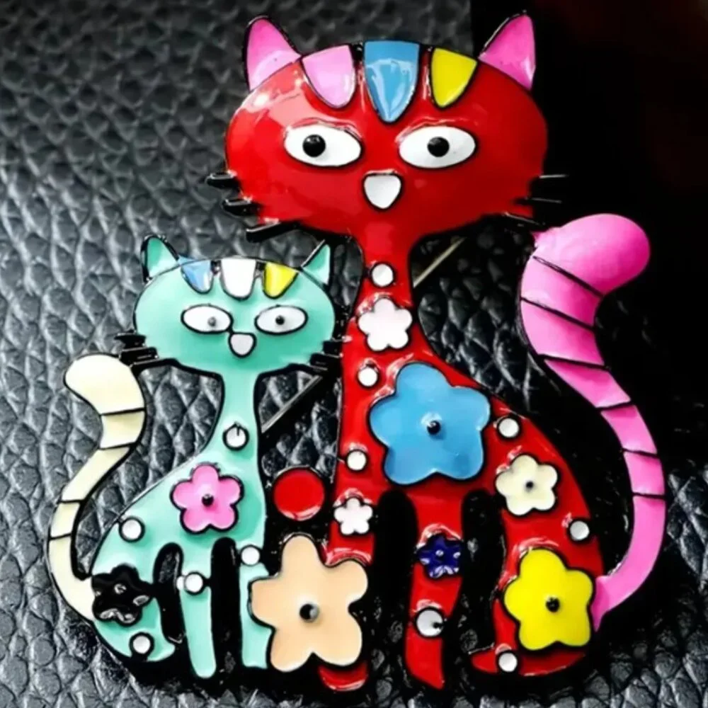 Cute Vibrant Multicolor Enamel Cat Couple Brooch - Small