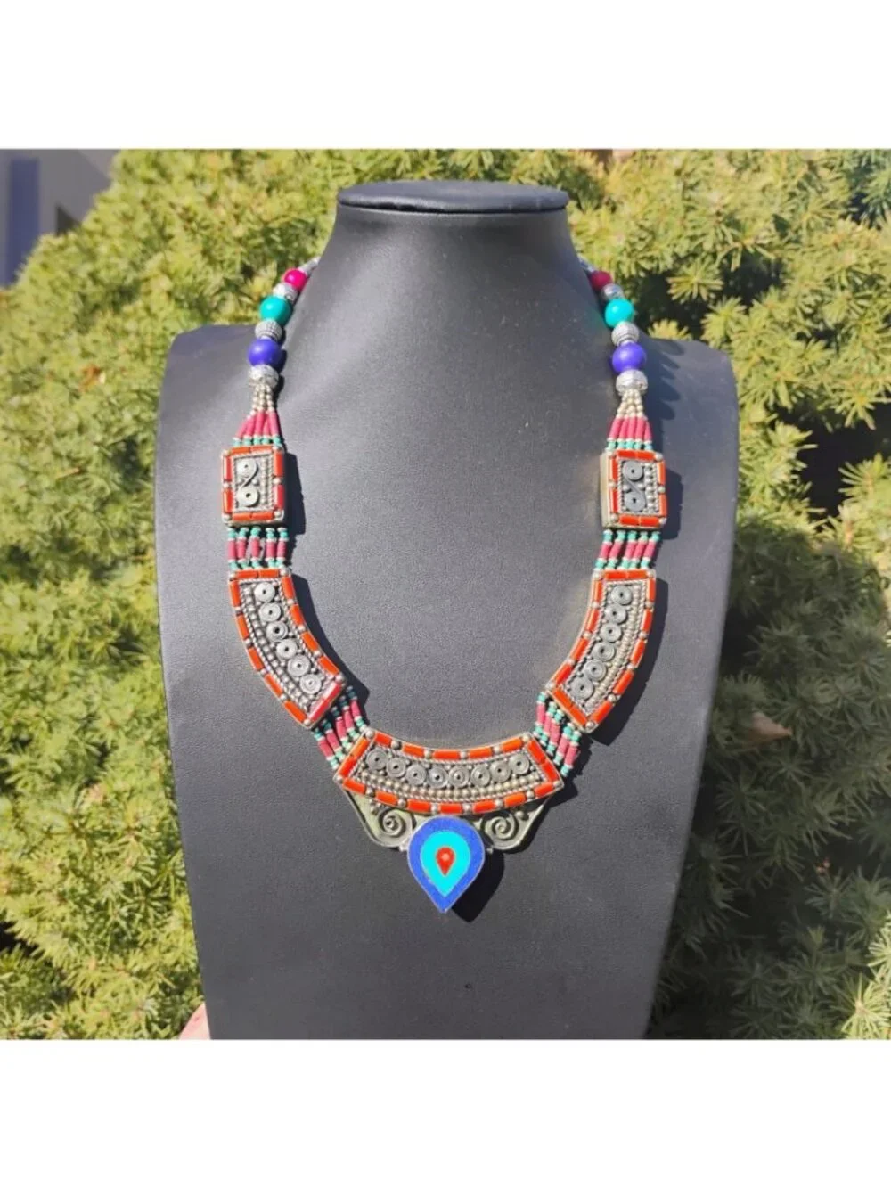 Handmade Tibetan Silver Turquoise Coral Lapis Lazuli Necklace Tribal Boho Collar