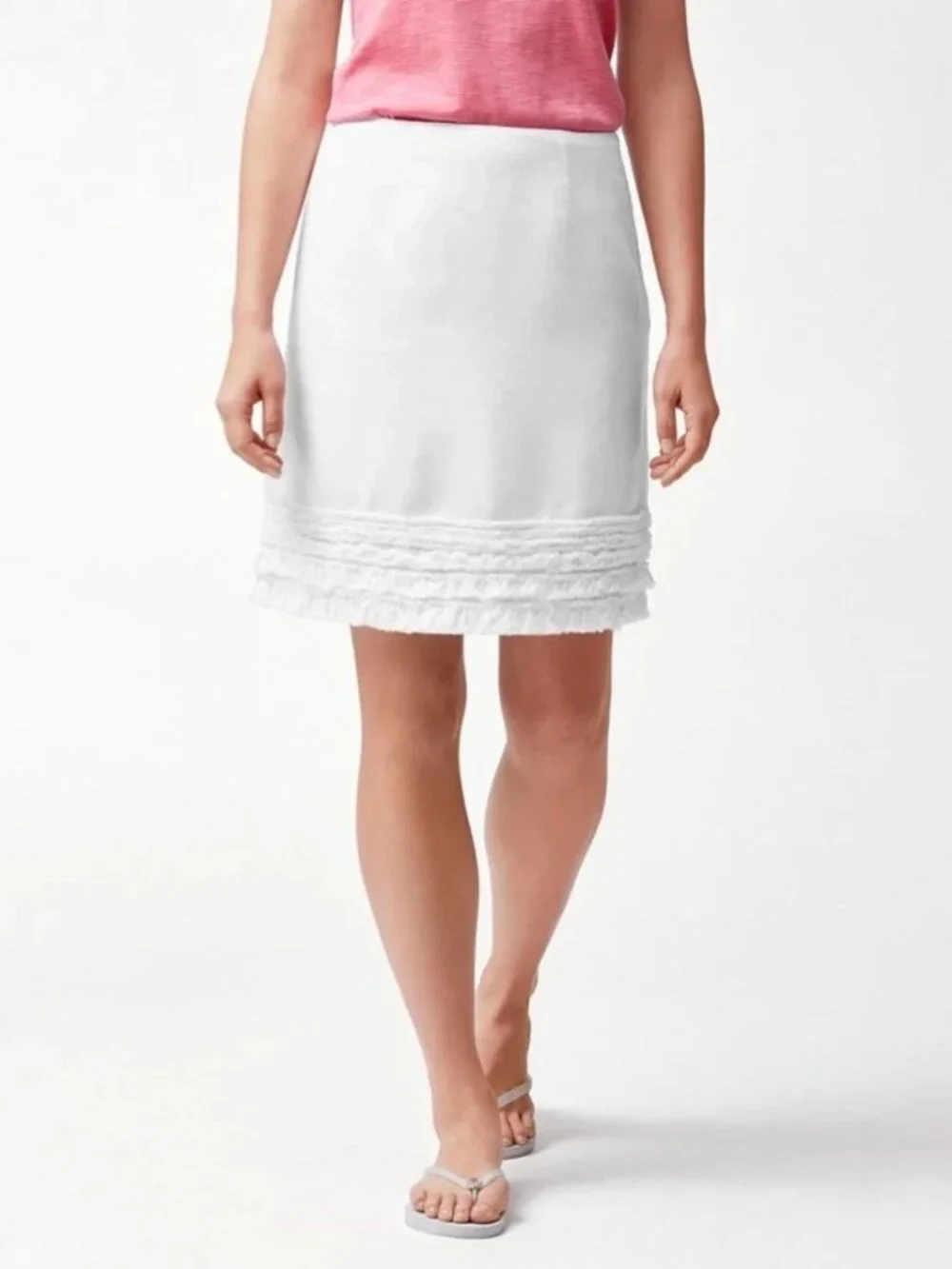 TOMMY BAHAMA White Linen Skirt with Smocked Ruffles