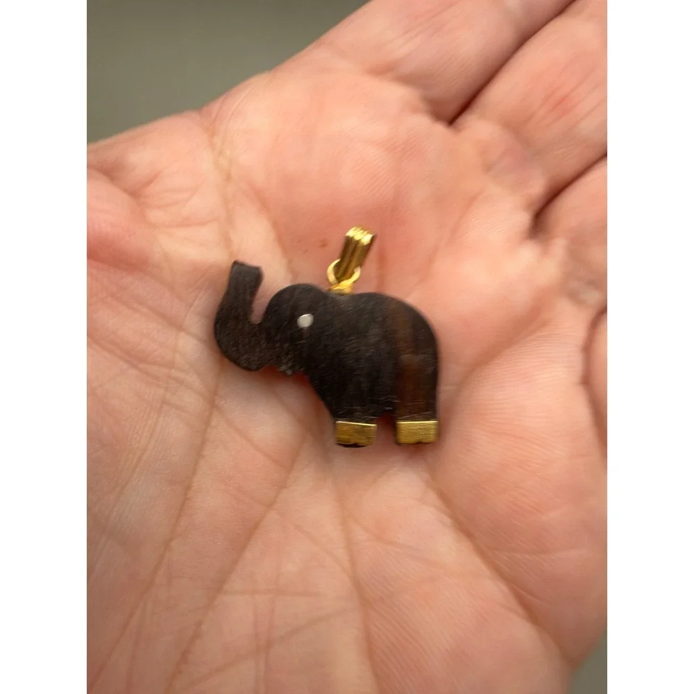 Elephant Pendant Wood Gold Tone Animal Charm Dark Brown Small Boho Jewelry