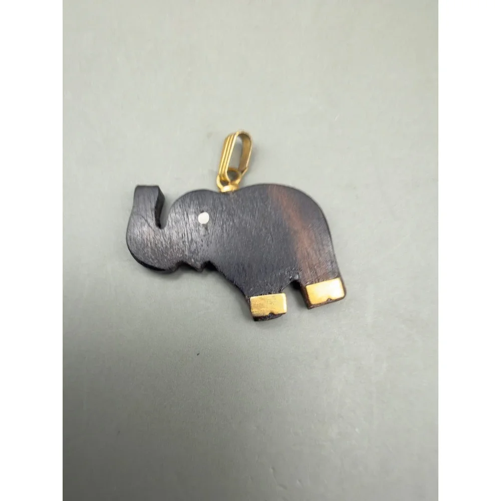 Elephant Pendant Wood Gold Tone Animal Charm Dark Brown Small Boho Jewelry