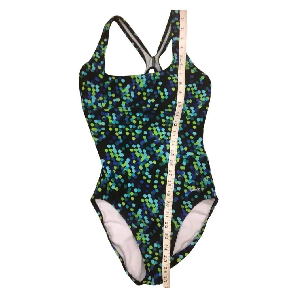 Speedo classic racerback swimsuit with a vibrant blue and green patterned print