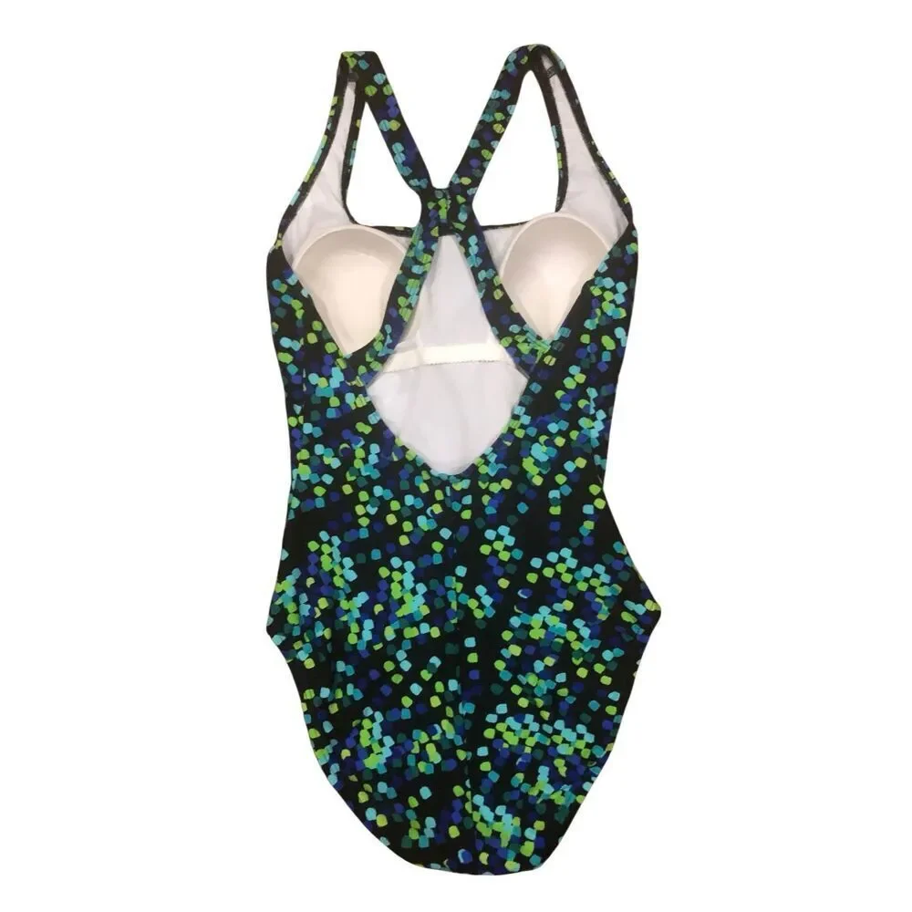 Speedo classic racerback swimsuit with a vibrant blue and green patterned print